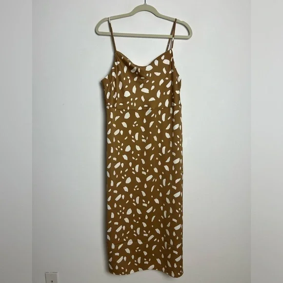 Old Navy Brown Cream Print Cowl Neck Satin Midi Slip Dress Size Medium - Picture 3 of 11